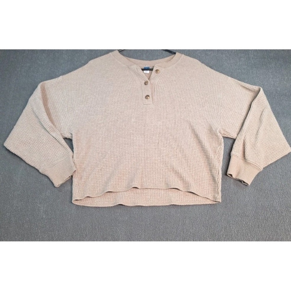 Old Navy Women Beige Oversized Waffle Henley Long Sleeve Top S